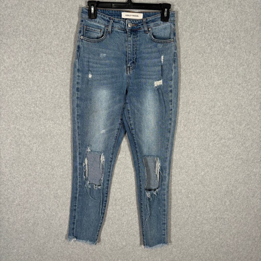 Ashley Mason Jeans Juniors 7 Ankle Knee Holes Ripped Torn Raw‎ Frayed Hem Faded